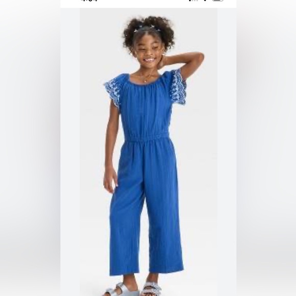 Cat & Jack Pants - Girls Spring/Summer Ready Cat & Jack Royal Blue Flutter-Sleeve Wide-Leg Jumpsuit